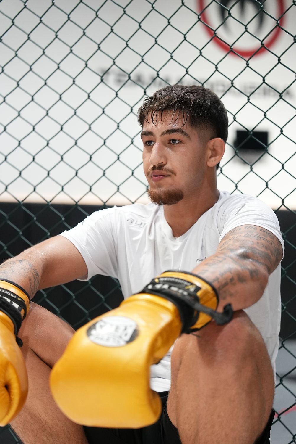 Fighter resting cage-side with his boxing gloves on